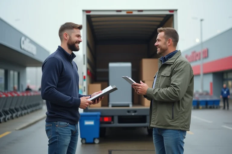 Homme souriant avec camion de location devant Conforama