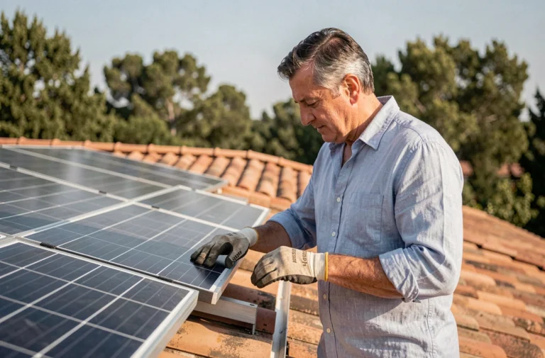 Homme inspectant des panneaux solaires sur le toit d'une maison individuelle pour optimiser la production d'énergie solaire