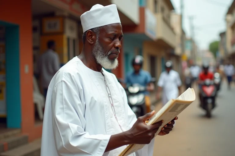 Homme béninois lisant un journal dans une rue animée de Cotonou, actualité politique du Bénin