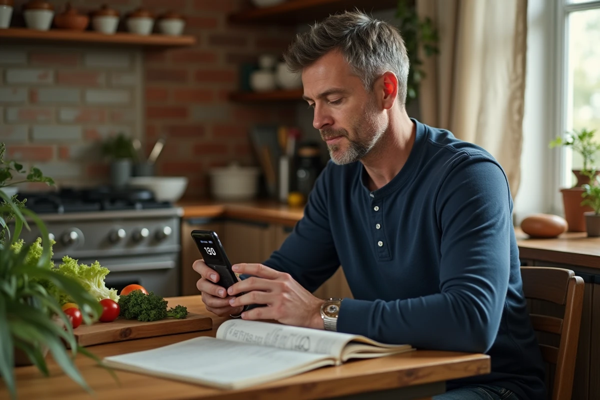 Homme utilisant un minuteur cuisson sur smartphone posé sur une table en bois rustique entourée de légumes coupés et d'un livre de recettes