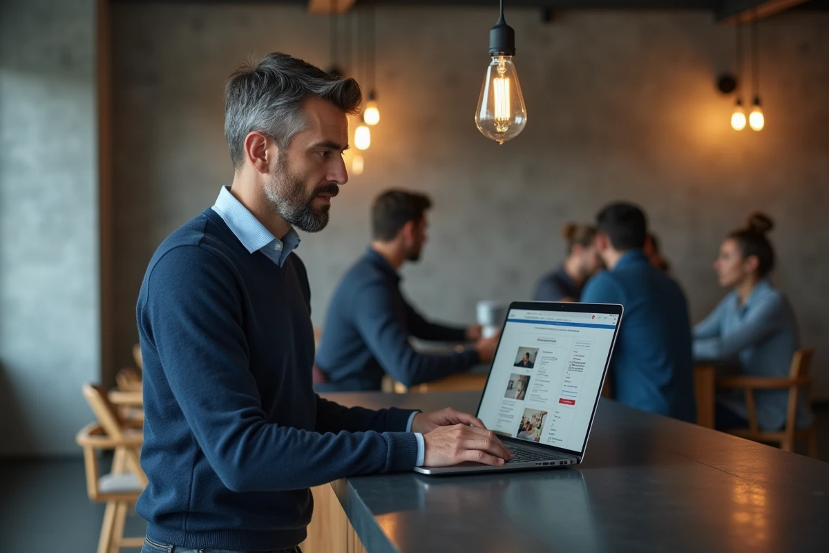 Homme consultant les pages essentielles d'une plateforme de blog dans un espace de co-working moderne