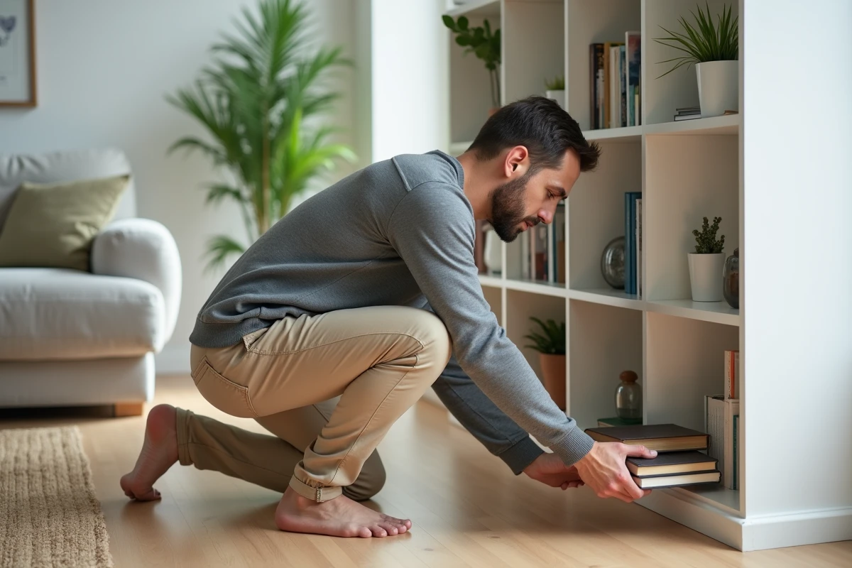 Homme organisant une bibliothèque encastrée dans un salon lumineux avec parquet clair, plantes vertes et canapé en lin