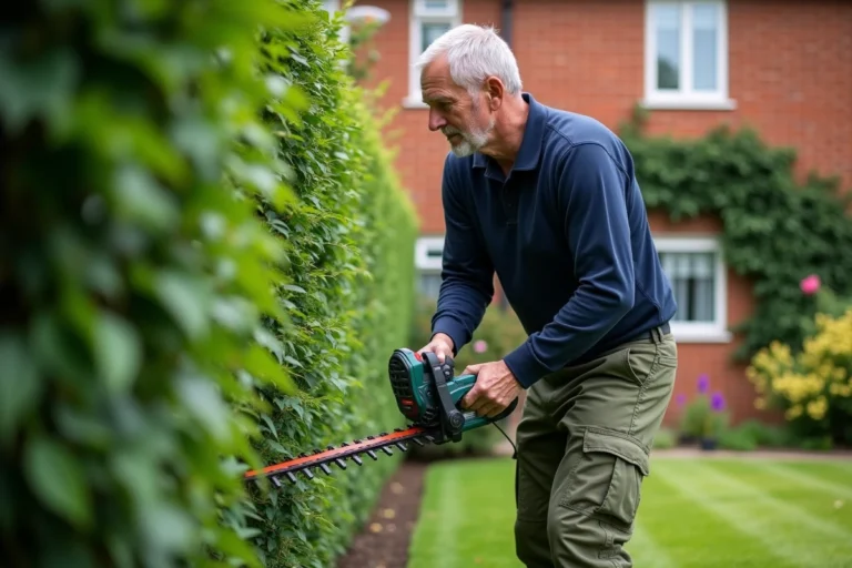 Homme d'âge moyen utilisant un taille-haie électrique filaire pour tailler une haie verte dans un jardin résidentiel soigné