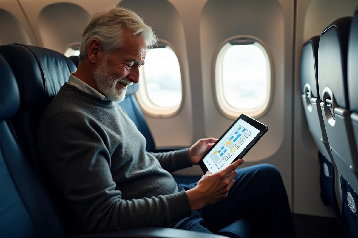 Homme âgé regardant un plan de siège sur tablette dans l