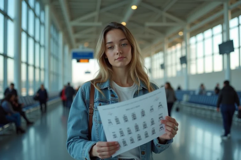Jeune femme dans un aéroport tenant une carte de siège