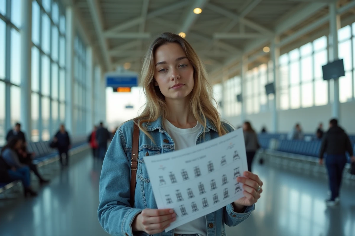 Jeune femme dans un aéroport tenant une carte de siège