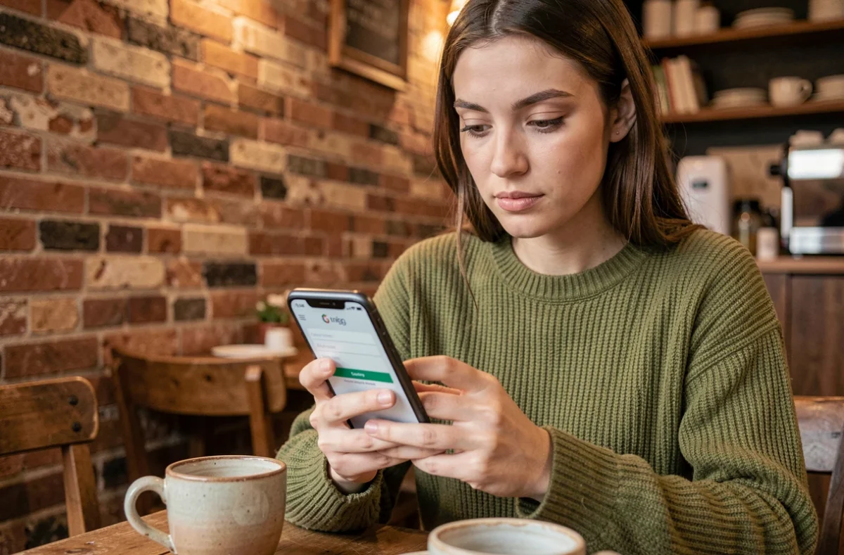 Jeune femme remplissant un formulaire de contact sur smartphone dans un café artisanal