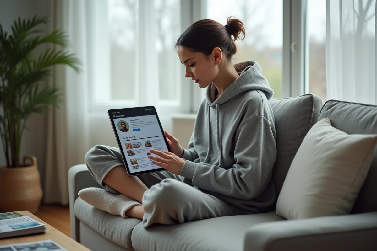 Jeune femme explorant un index de ressources et pages essentielles sur une tablette depuis son salon