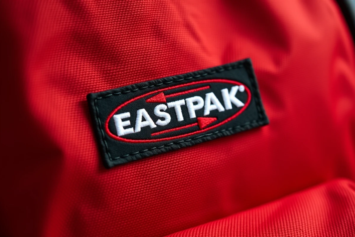 Détail du logo Eastpak brodé sur un sac authentique, avec la flèche directionnelle bien visible et les fils de broderie réguliers et sans défaut