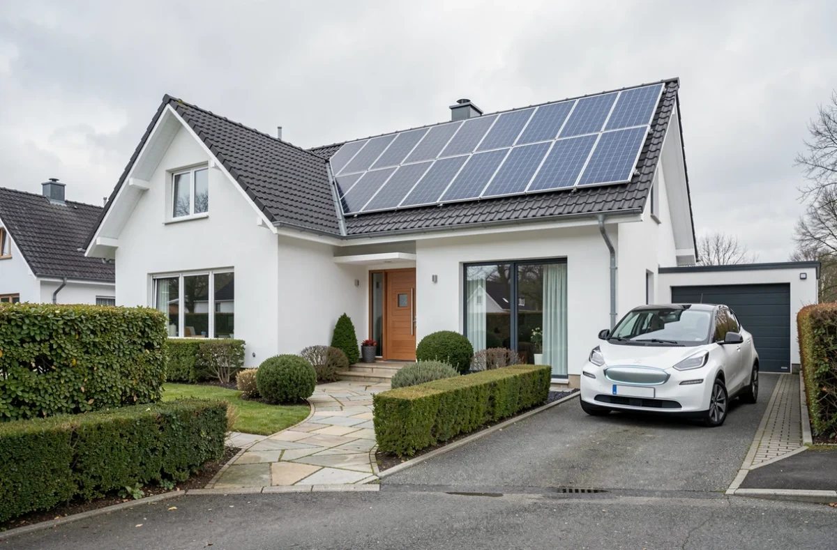 Maison individuelle moderne équipée de panneaux solaires sur le toit pour une production d'énergie renouvelable autonome