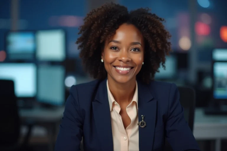 Femme journaliste d'origine africaine et européenne assise derrière un bureau de plateau télévision, blazer marine, expression professionnelle et chaleureuse