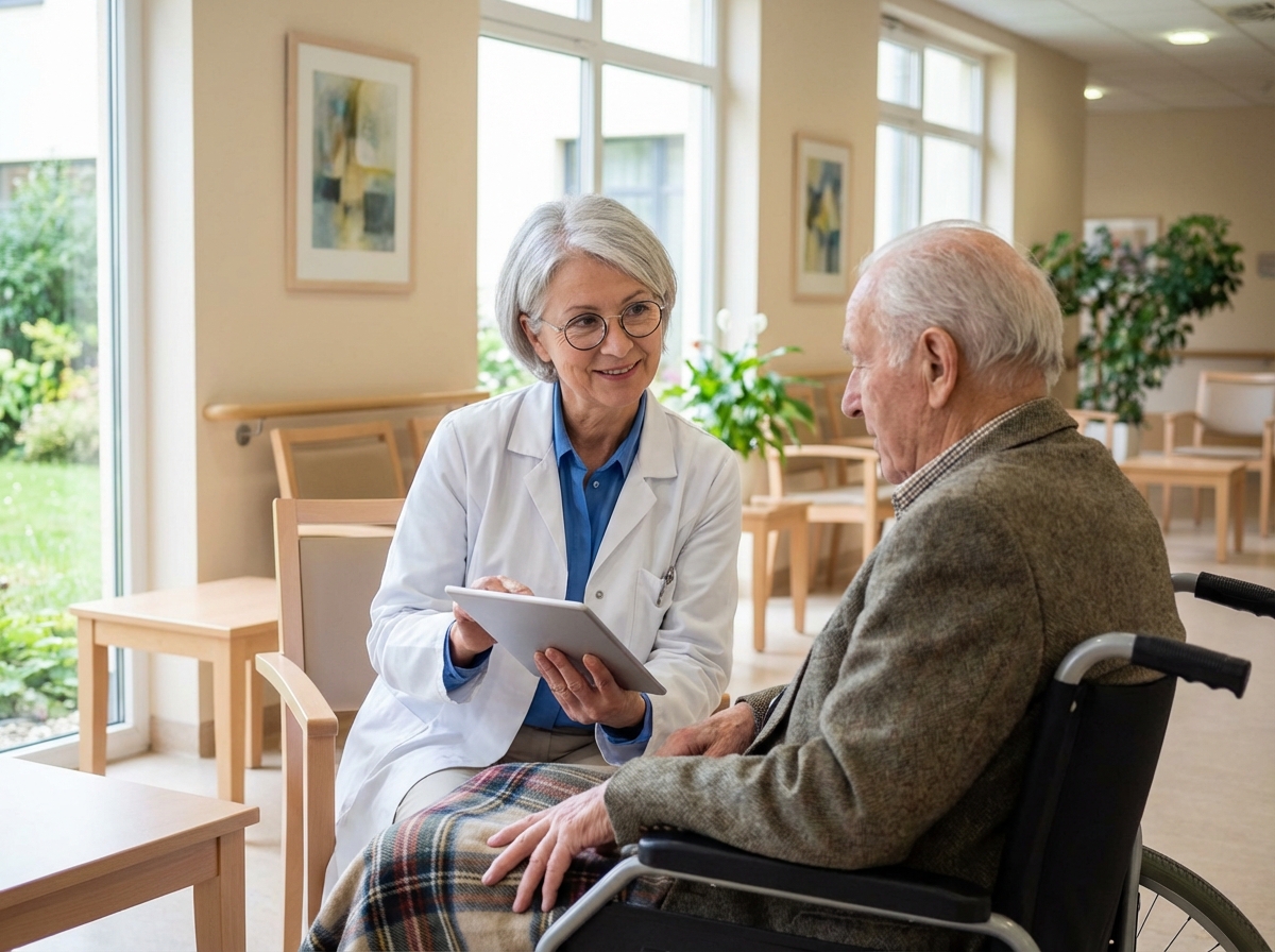 Medecin senior en consultation avec un patient en fauteuil dans un salon