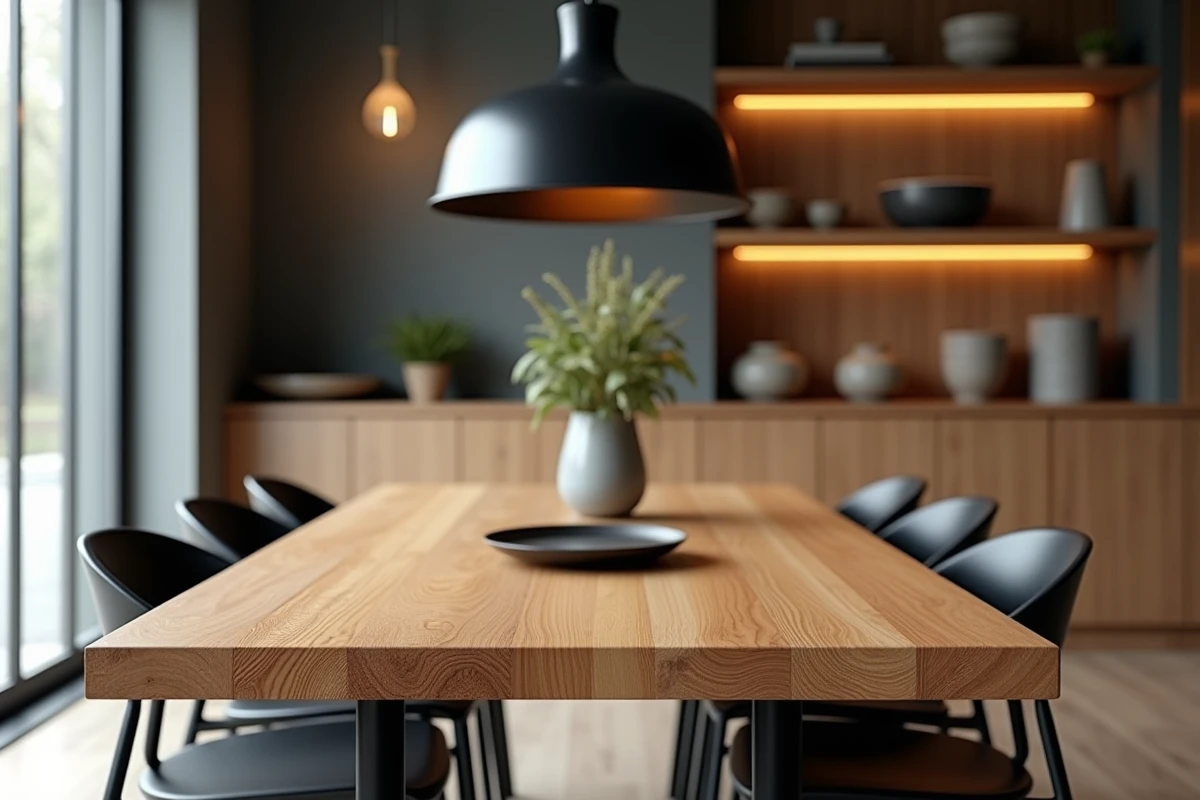 Salle à manger avec table en chêne massif et chaises à structure en métal noir mat, contraste bois-métal maîtrisé