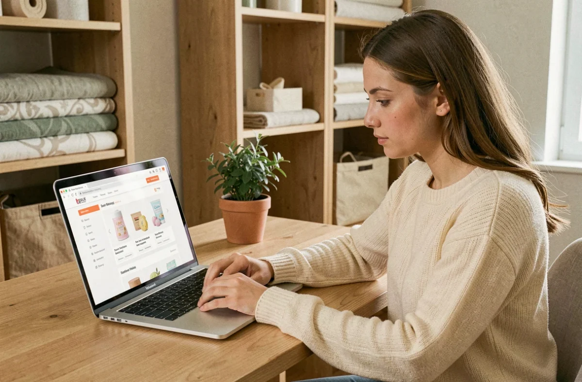 Jeune mère naviguant sur un site de puériculture grâce au plan de site depuis son bureau à domicile