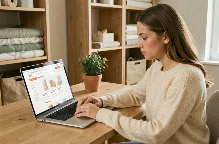 Jeune mère naviguant sur un site de puériculture grâce au plan de site depuis son bureau à domicile