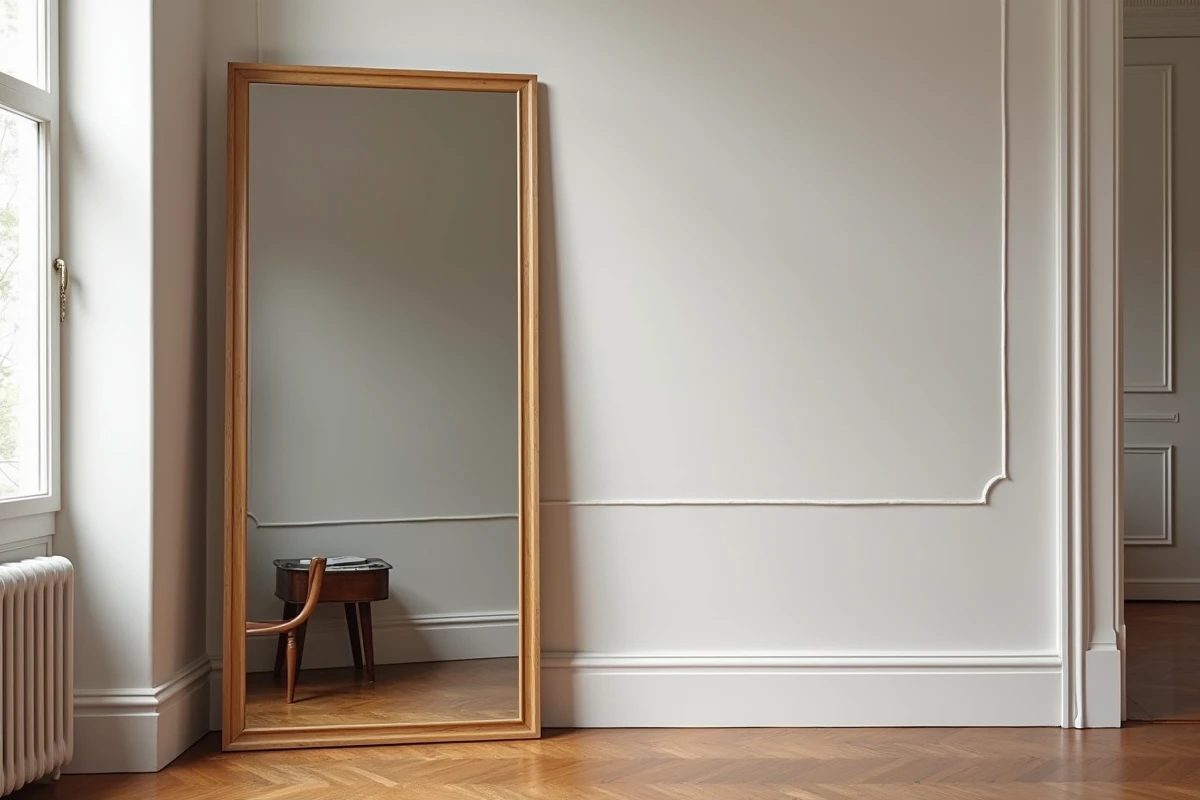 Grand miroir XXL posé au sol contre un mur dans une pièce étroite, reflétant le parquet en chevron et doublant visuellement l'espace