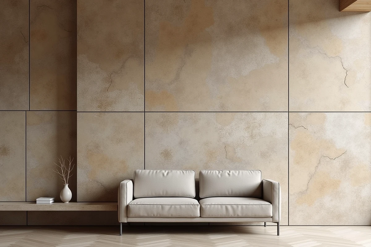 Mur d'accent en pierre naturelle brute dans un salon minimaliste, avec tablette flottante et canapé épuré au premier plan