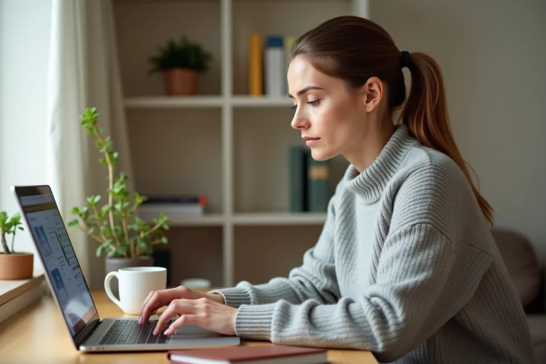 Femme naviguant en toute sécurité sur un site web depuis son bureau à domicile