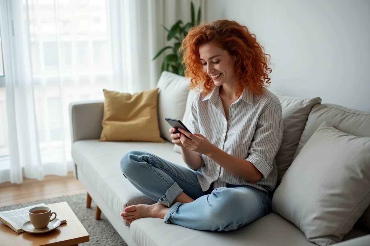 Jeune femme naviguant sereinement sur un site web depuis son salon avec son smartphone