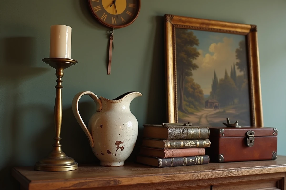 Vignette décorative avec objets chinés — bougeoir en laiton, pichet céramique, livres anciens et tableau dans un cadre doré sur une console en chêne vieilli