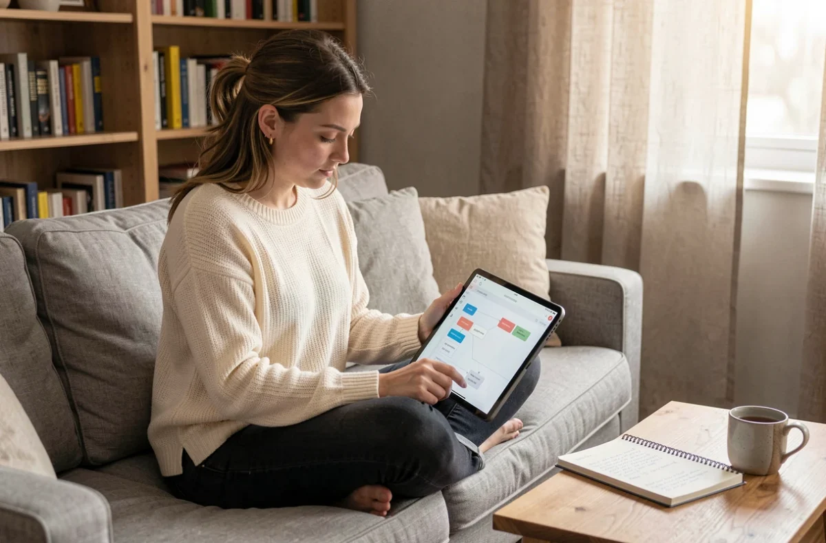 Jeune femme organisant ses annonces via un outil de plan de site sur tablette depuis son salon