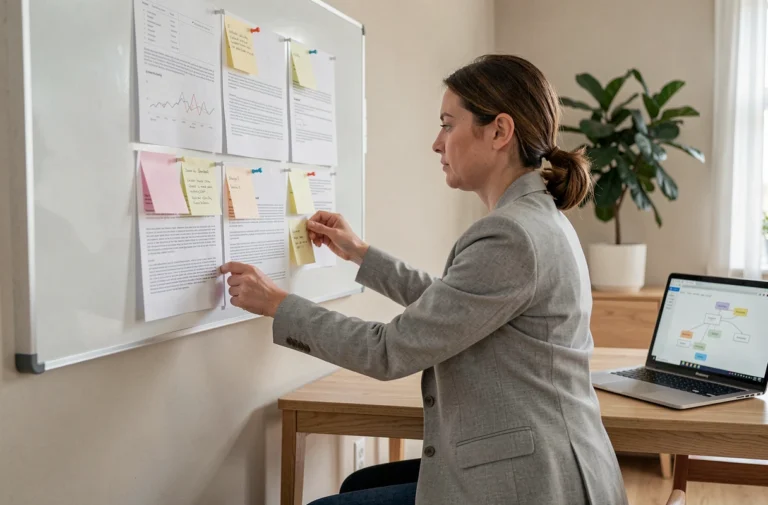 Femme organisant un plan de site sur un tableau blanc dans un bureau moderne et épuré
