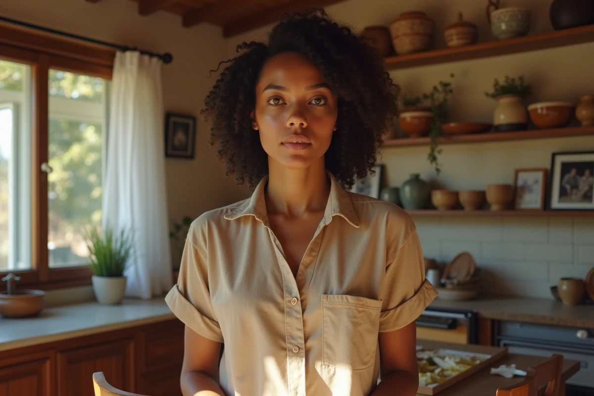 Femme aux cheveux bouclés dans une cuisine familiale chaleureuse avec objets culturels mixtes, évoquant les racines familiales et l'héritage multiculturel