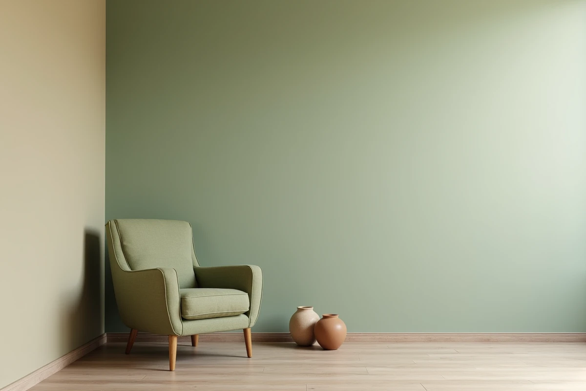 Salon aux murs en vert sauge sourd et greige chaud, avec fauteuil en lin olive et vase céramique terracotta dans l'angle
