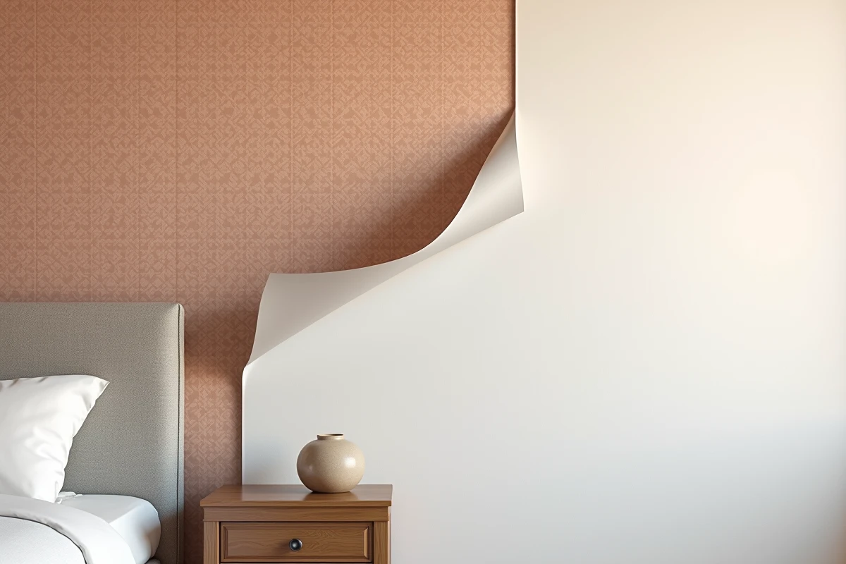 Papier peint repositionnable géométrique en teintes terracotta sur un mur de chambre, avec un coin décollé révélant le mur blanc dessous