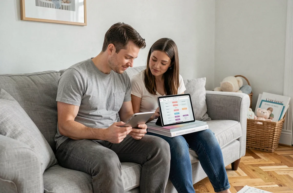 Couple de futurs parents consultant le plan de site d'une boutique de puériculture sur une tablette dans leur salon
