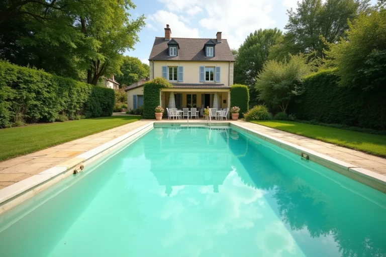 Piscine rectangulaire dans un jardin de maison individuelle illustrant la taxe foncière sur les piscines privées