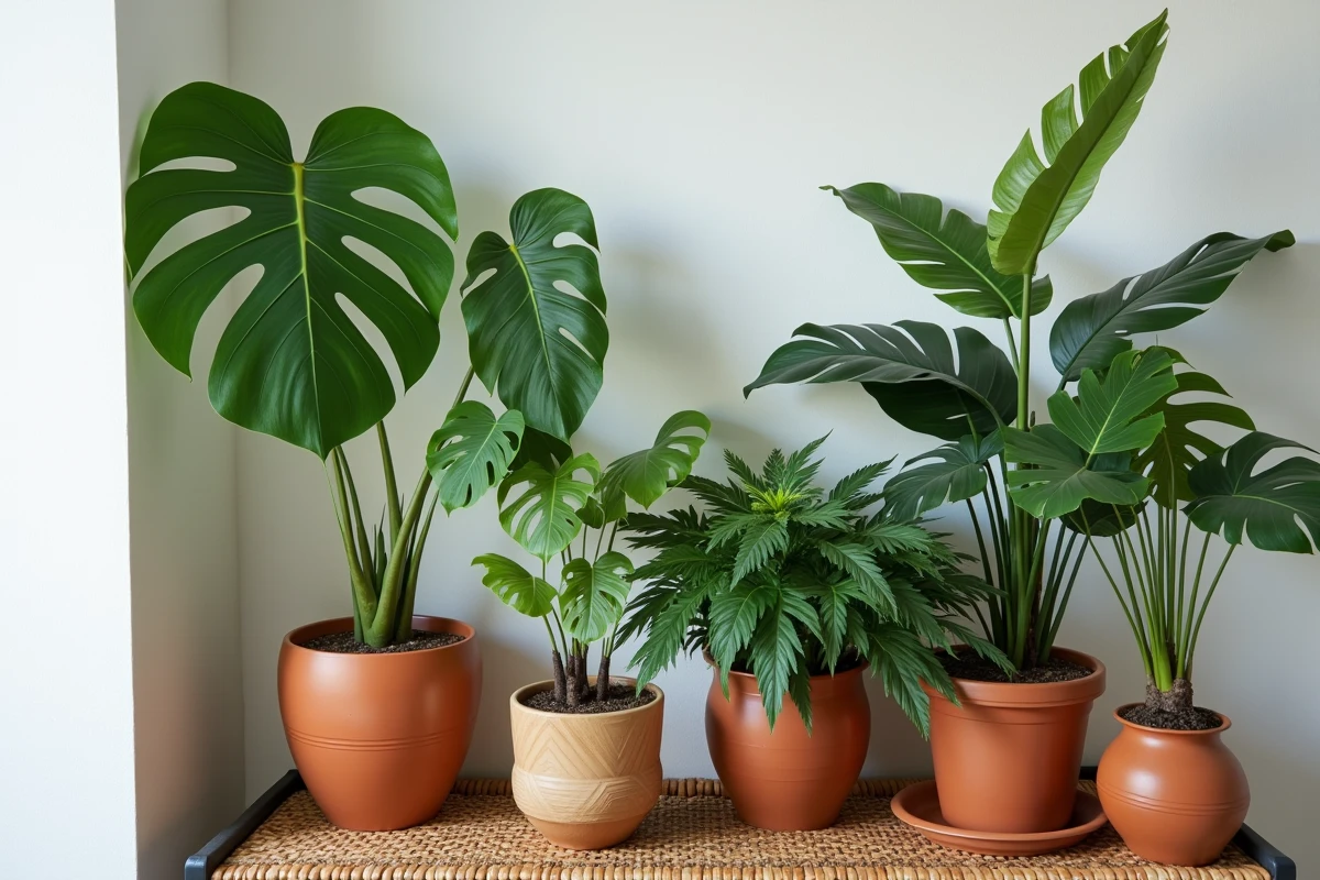 Collection de plantes d'intérieur rares — ficus lyrata, monstera variegata et strelitzia — disposées en vignette décorative avec pots en céramique et rotin