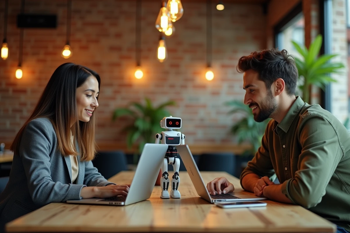 Deux jeunes professionnels travaillant sur des projets tech avec un robot prototype dans un espace de coworking
