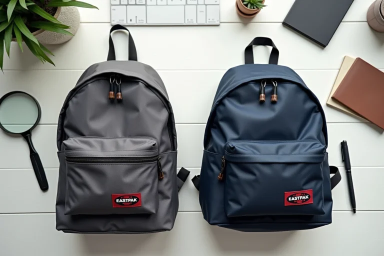 Comparaison côte à côte d'un vrai et d'un faux sac Eastpak posés sur un bureau, avec loupe et carnet d'inspection pour identifier les contrefaçons