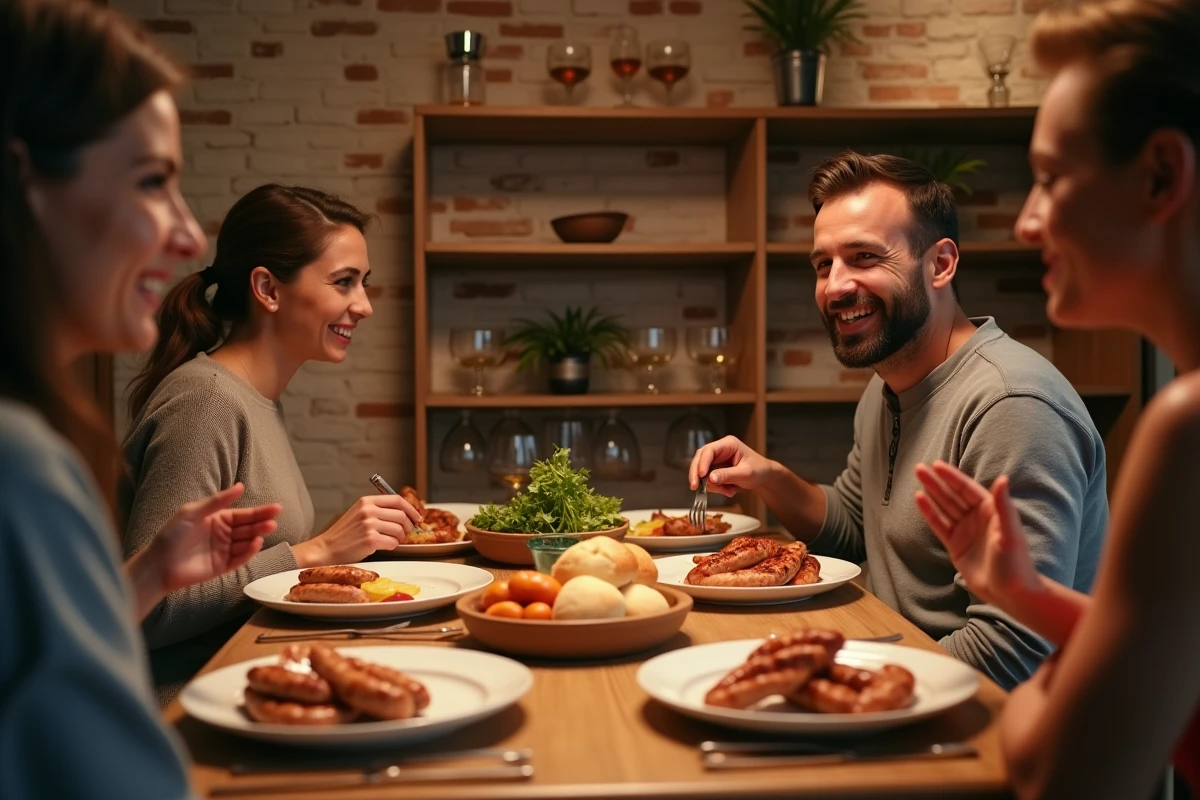 Repas convivial pour quatre personnes avec des saucisses servies à table dans une salle à manger rustique