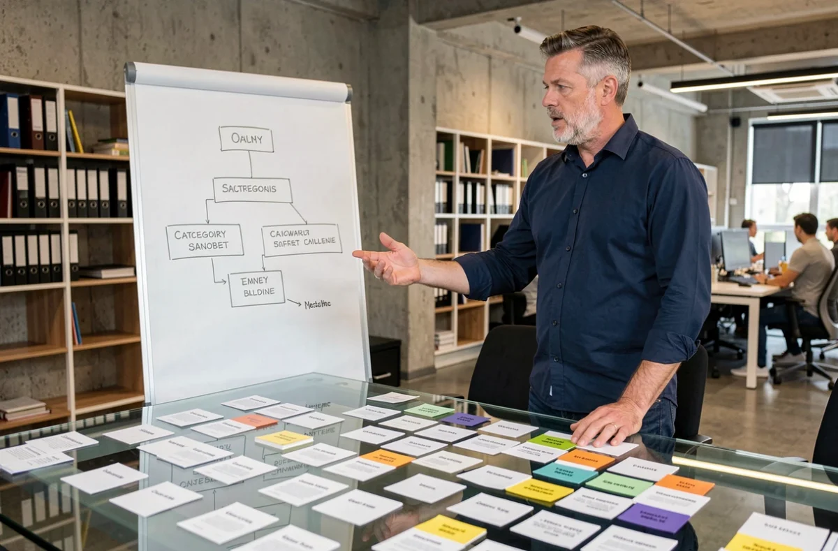 Professionnel masculin présentant l'architecture d'un plan de site lors d'une réunion en open space