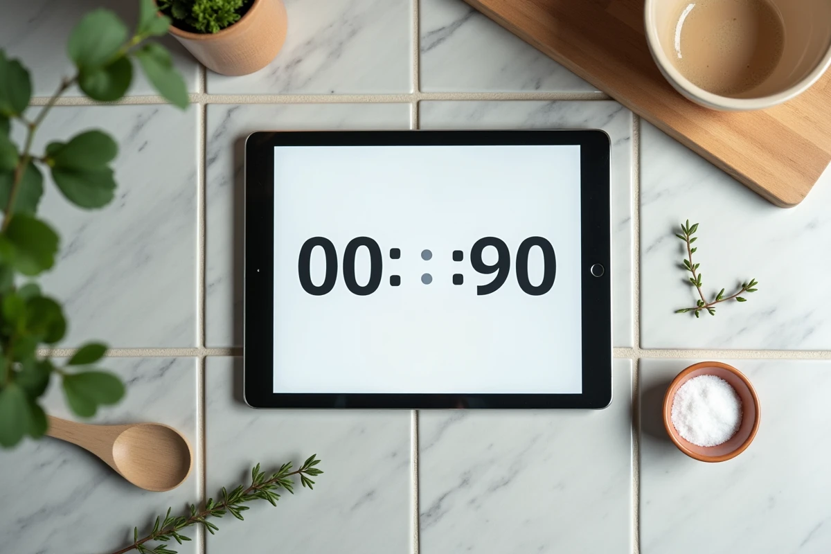 Vue aérienne d'une tablette affichant un minuteur cuisson en ligne sur un plan de travail en céramique entouré d'ustensiles de cuisine et d'herbes fraîches