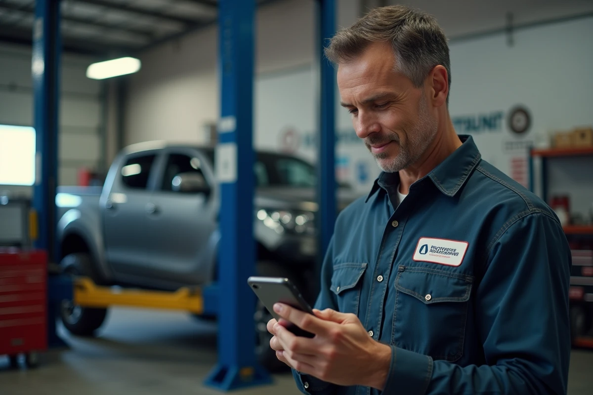 Technicien de contrôle technique accédant à l'espace affilié Securitest depuis son smartphone en garage