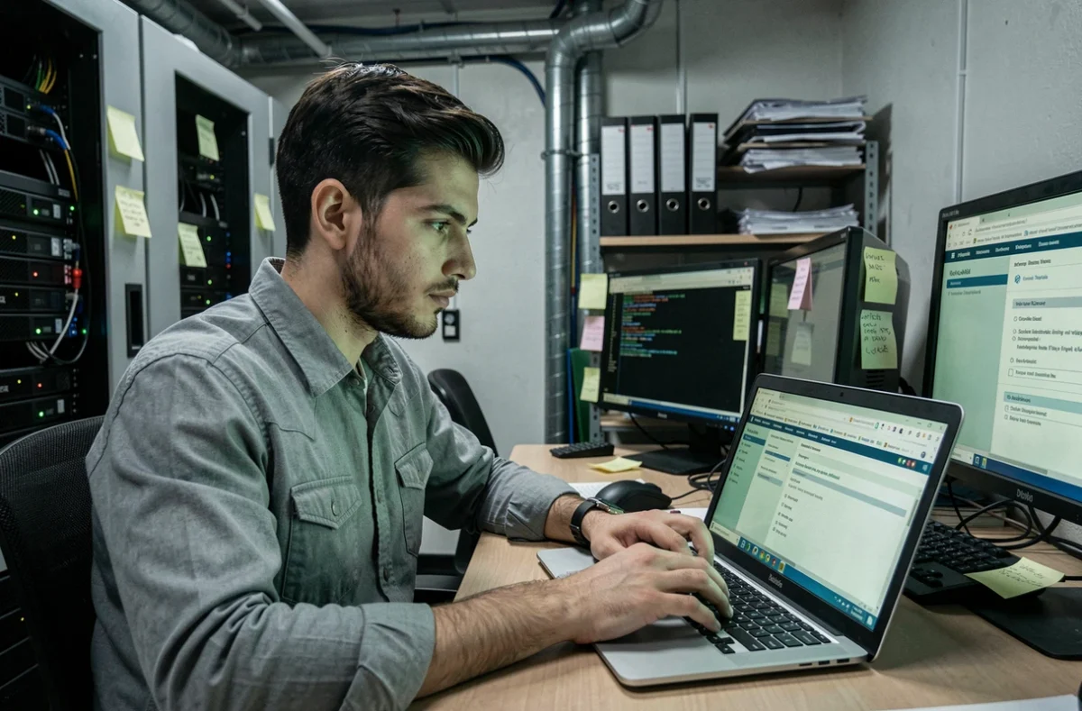 Technicien informatique configurant les paramètres d'administration de la messagerie Zimbra sur un ordinateur portable dans une salle serveur de collectivité territoriale