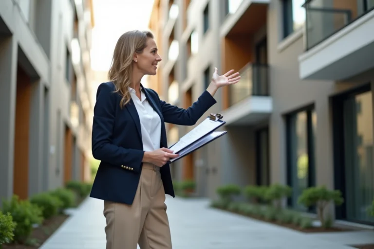 Agente immobilière devant un immeuble résidentiel moderne symbolisant les nouvelles tendances du marché immobilier