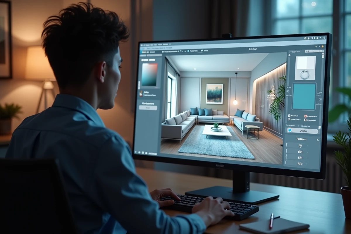 Personne consultant une visualisation 3D par IA d'un intérieur de salon sur un écran d'ordinateur, avec options de palette et d'agencement affichées