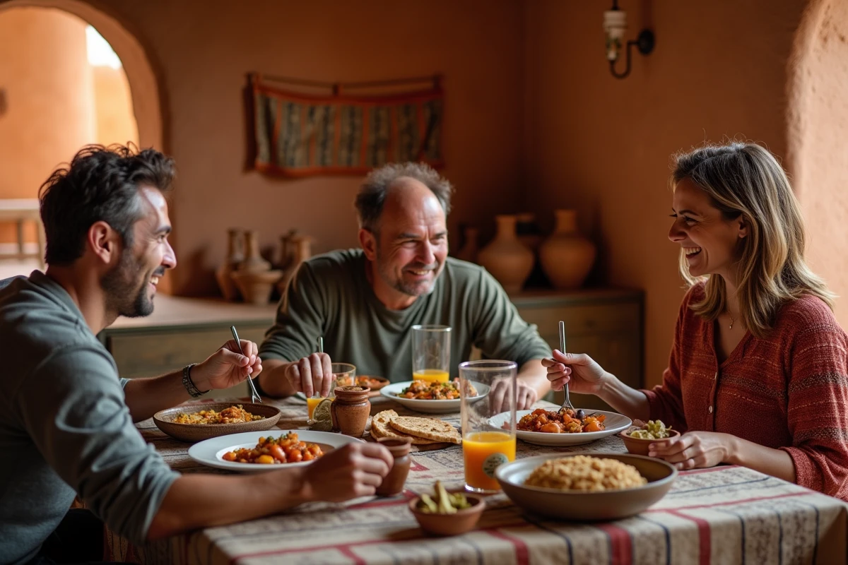 Groupe de voyageurs partageant un repas traditionnel dans un gîte durable au Maroc, tourisme responsable et immersion culturelle