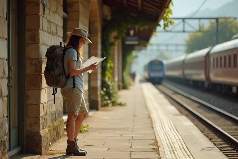 Voyageuse responsable consultant une carte à un arrêt de train rural en France, incarnant un tourisme durable et lent