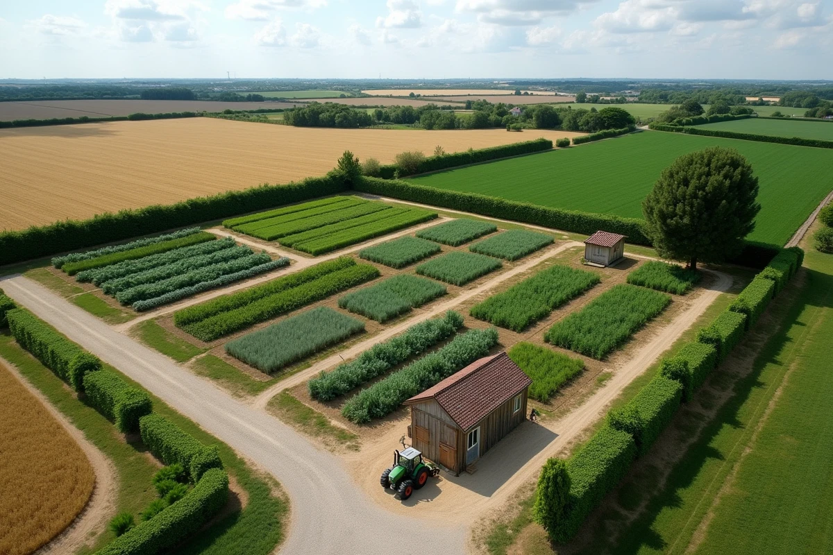 Vue aérienne d'une petite exploitation agricole en PPAM montrant la superficie des parcelles cultivées en herbes aromatiques et médicinales